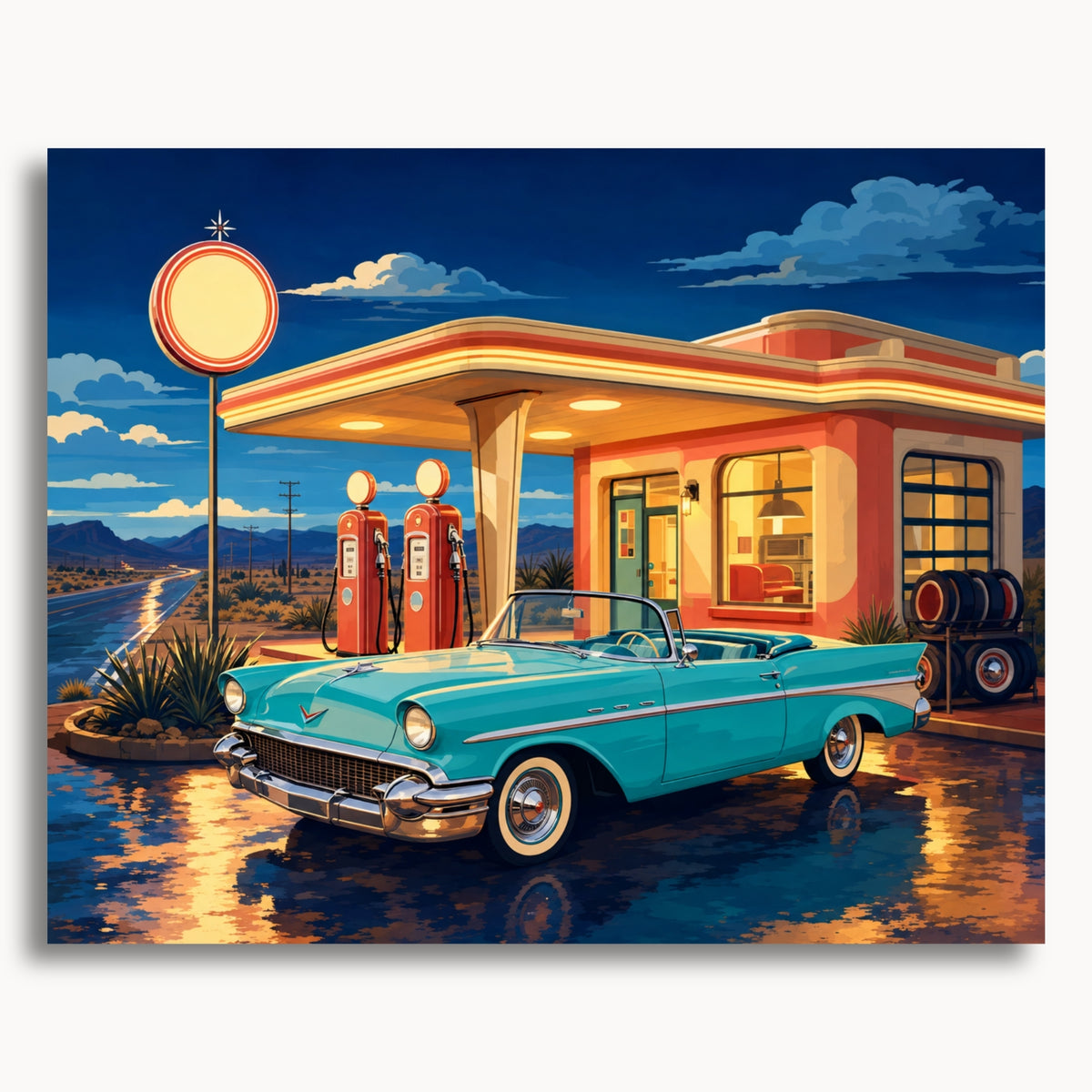 Vintage Gas Station: a turquoise classic car parked at an illuminated desert gas station at night.