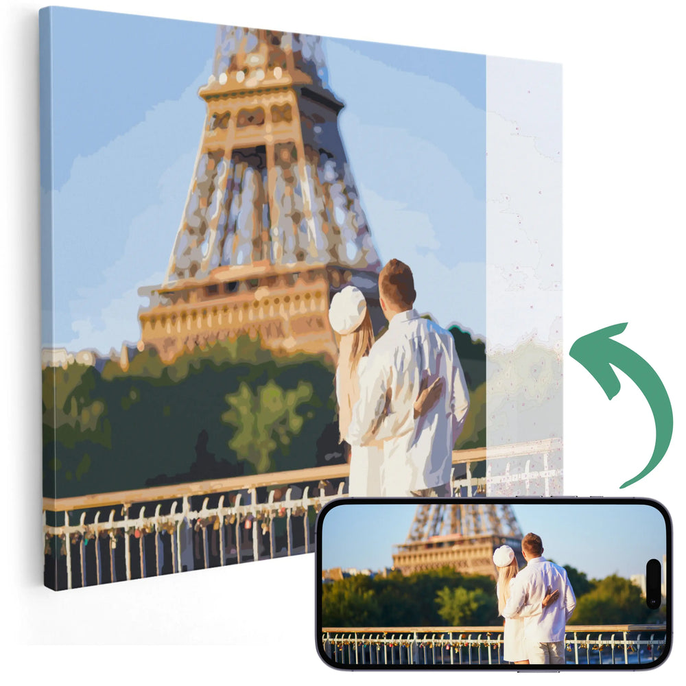 A custom paint by numbers kit with a couple embracing in front of the Eiffel Tower, indicating the kit includes a canvas with numbered sections for painting. paint by numbers custom picture.