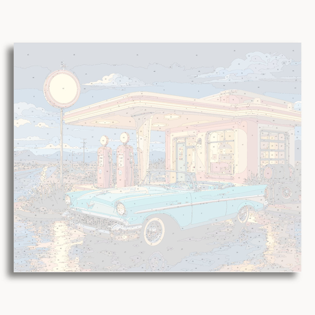 Numbered canvas preview for Vintage Gas Station, showing outlined painting sections and color numbers.