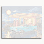 Numbered canvas preview for Vintage Gas Station, showing outlined painting sections and color numbers.