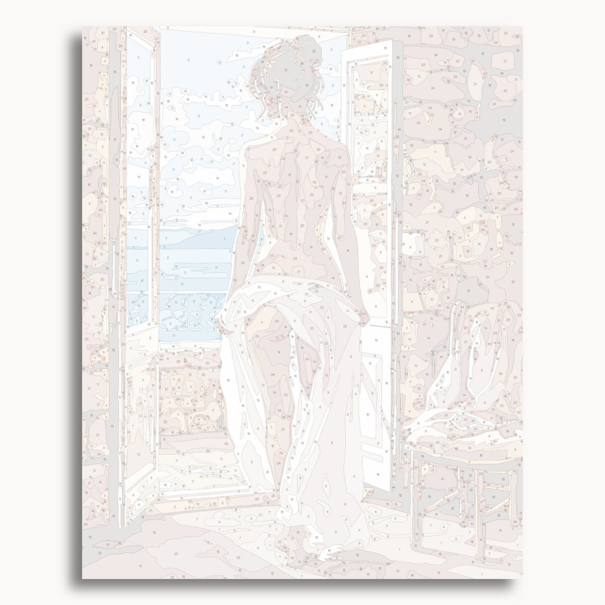 Numbered canvas preview for Bare Temptation, showing outlined painting sections and color numbers.