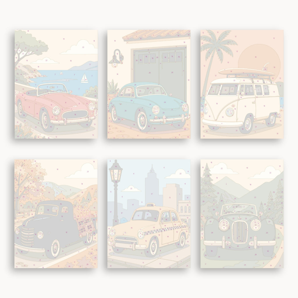Numbered mini canvas previews for the Vintage Cars set