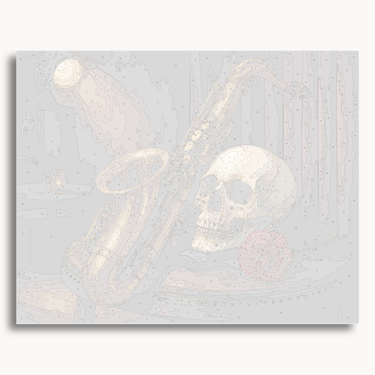 Numbered canvas preview for the Skull and Saxophone paint by numbers kit