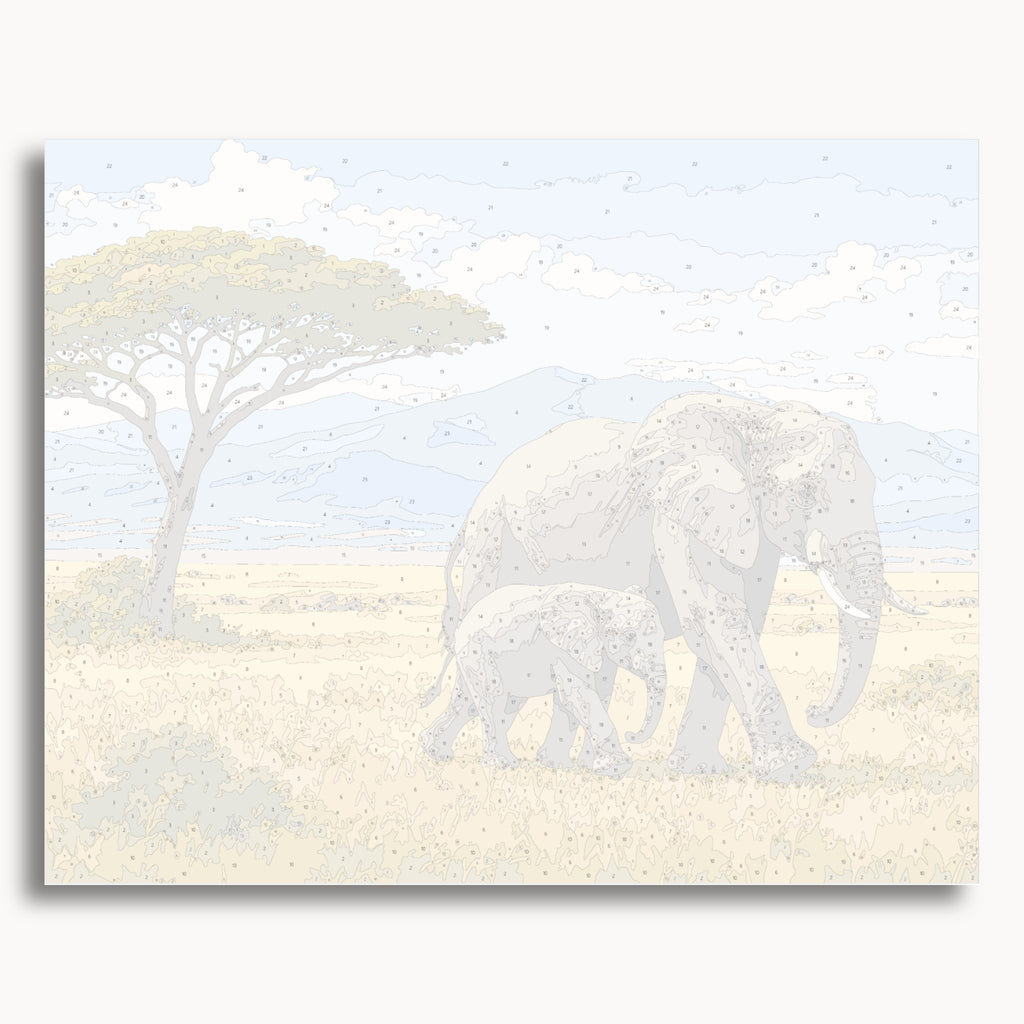 Vista previa de lienzo numerado para el kit de pintura por números Savanna Elephants Together