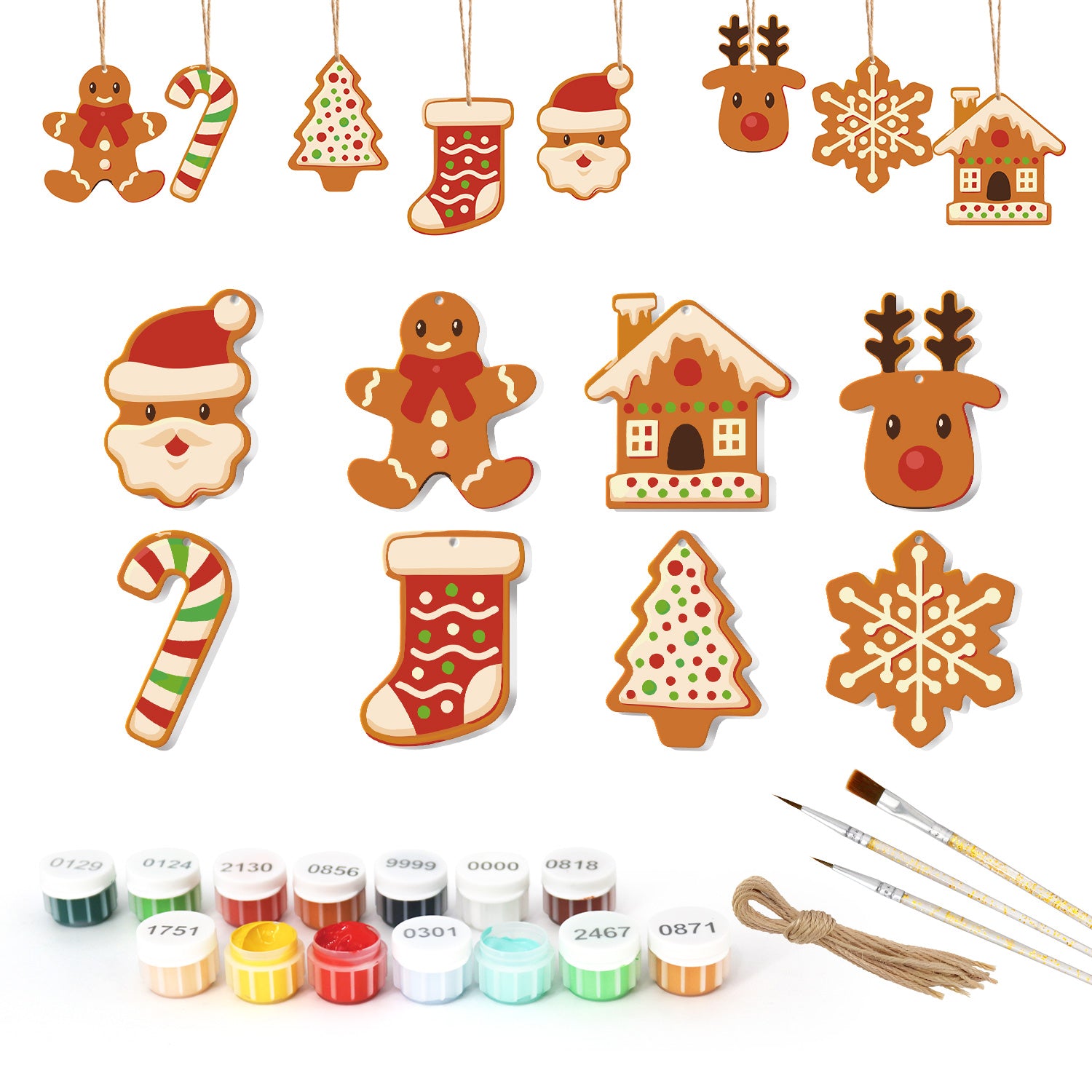 Ensemble d'ornements en bois sur le thème de Noël avec des bouteilles de peinture et des pinceaux sur fond blanc