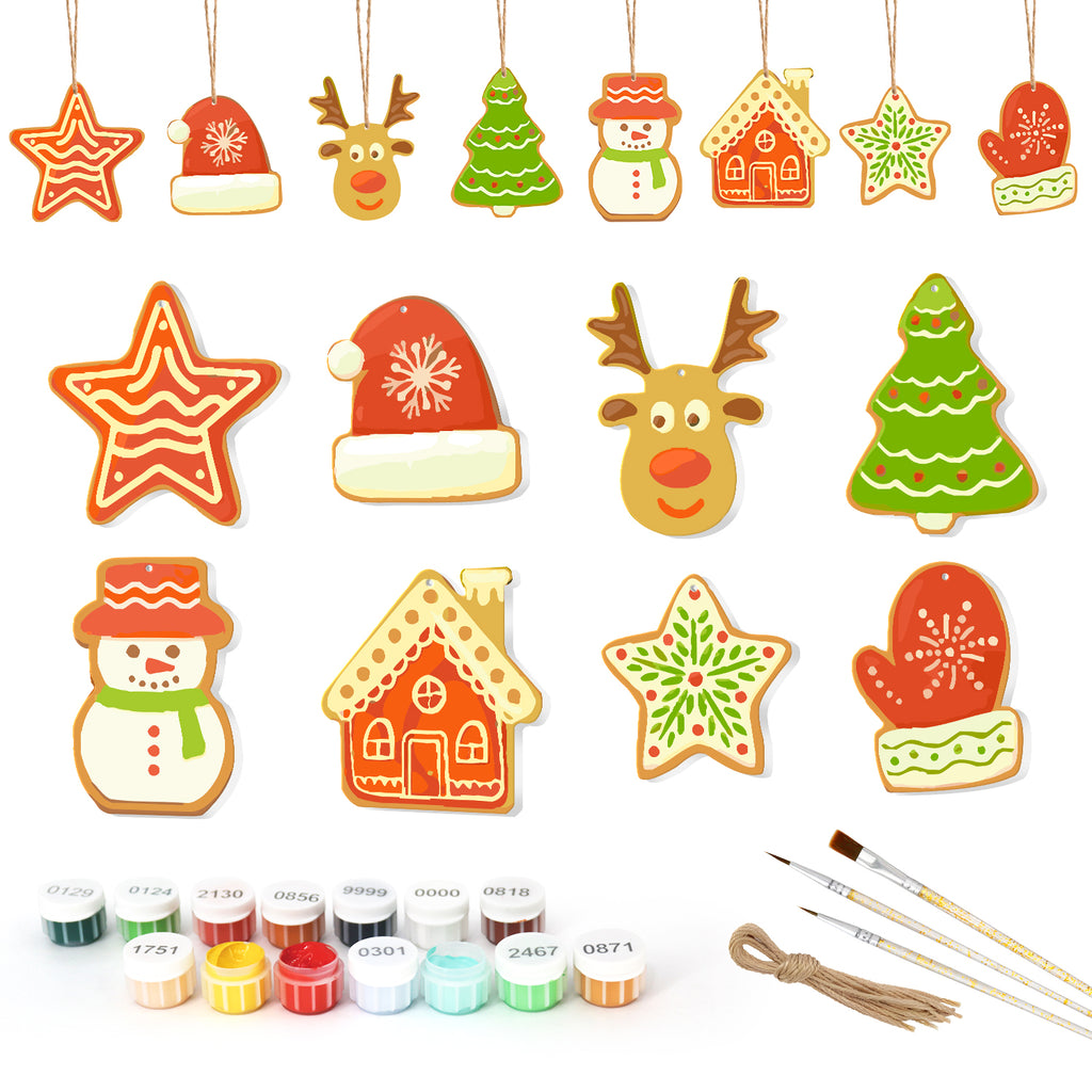 Set of Christmas-themed ceramic decorations with paint cans and brushes on a white background