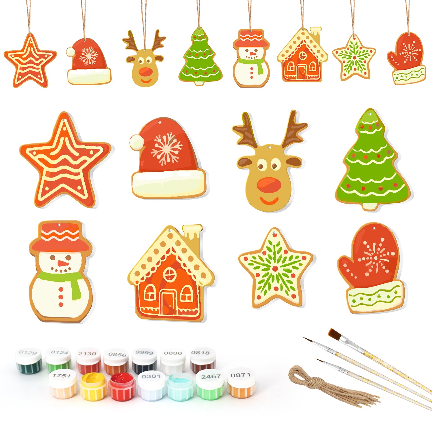 Set of Christmas-themed ceramic decorations with paint cans and brushes on a white background