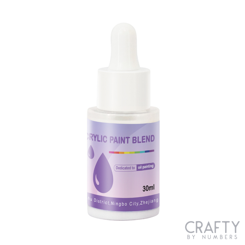 A 30ml bottle of Crafty by Numbers Crystal Paint Blend, with a label indicating it is a rehydrating medium for acrylic paints.