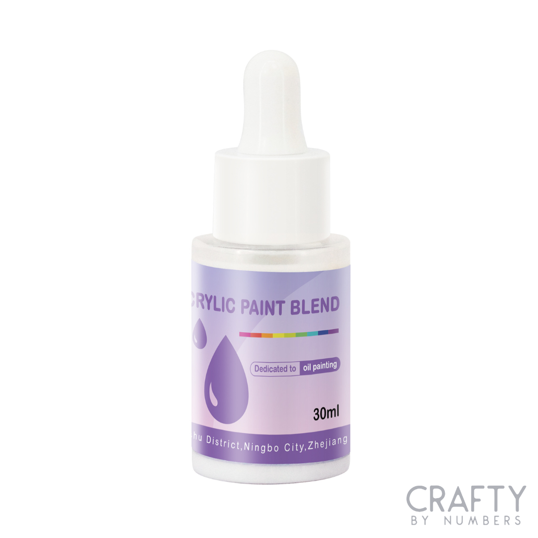 A 30ml bottle of Crafty by Numbers Crystal Paint Blend, with a label indicating it is a rehydrating medium for acrylic paints.