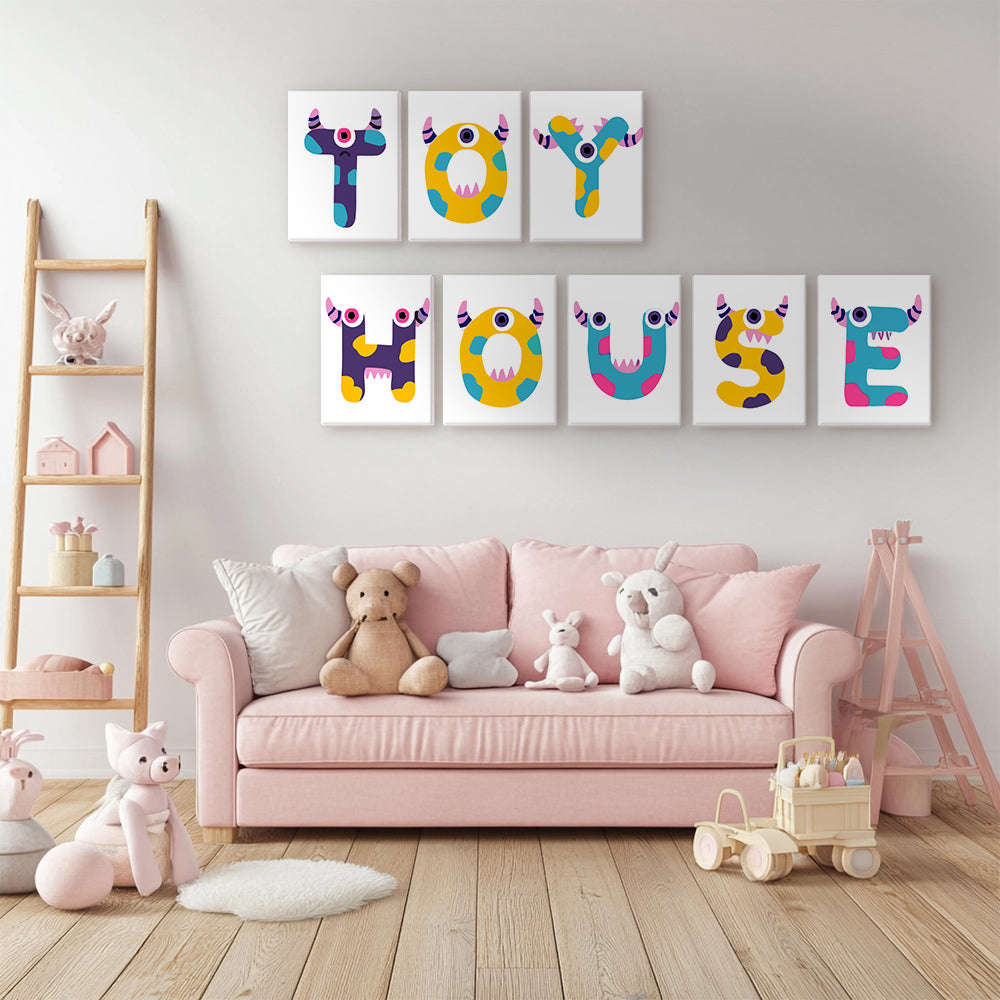 Children's room with pink sofa, toys, and colorful wall art spelling 'TOY HOUSE'.