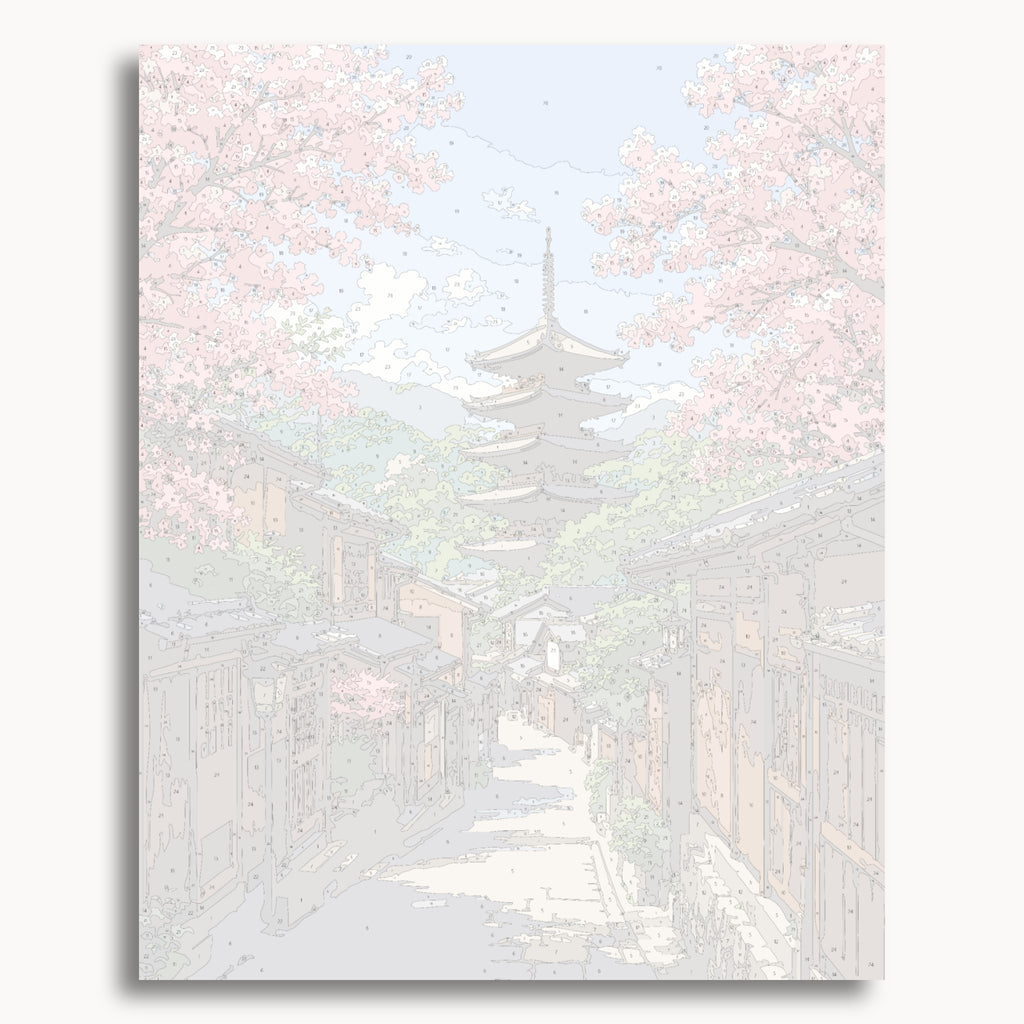 Numbered canvas preview for the Cherry Blossom Pagoda paint by numbers kit