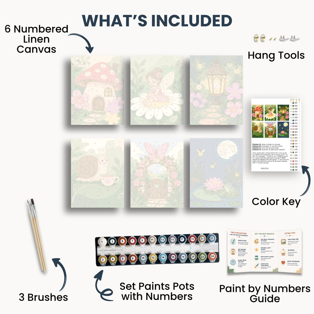 Fairy Garden mini kit contents with six canvases, paints, brushes and guide