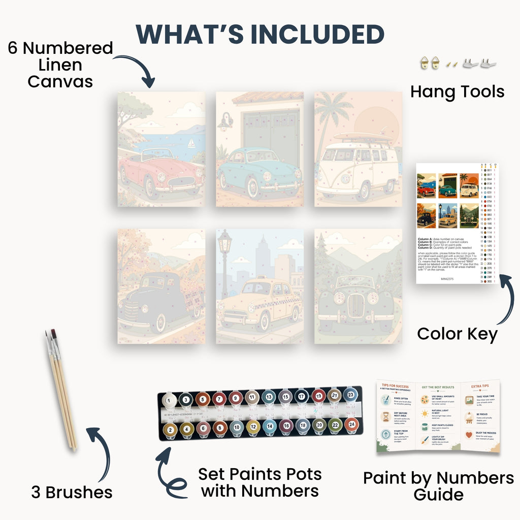 Vintage Cars mini kit contents with six canvases, paints, brushes and guide