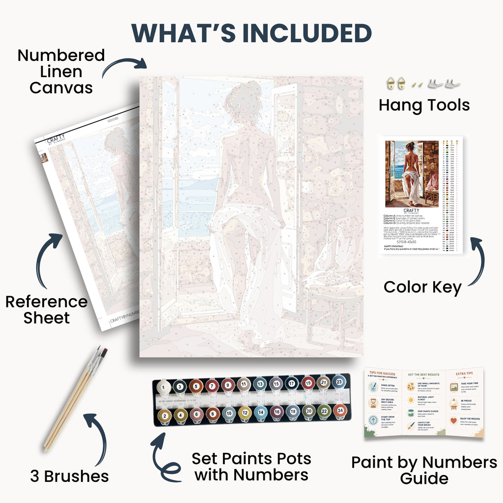 Bare Temptation kit contents: numbered canvas, paints, three brushes, reference sheet, color key, painting guide and hanging hardware.