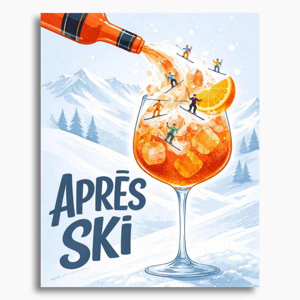Après Ski Cocktail: an orange cocktail with miniature skiers, snowy mountains and the words Après Ski.