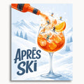 Après Ski Cocktail: an orange cocktail with miniature skiers, snowy mountains and the words Après Ski.