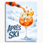 Après Ski Cocktail: an orange cocktail with miniature skiers, snowy mountains and the words Après Ski.