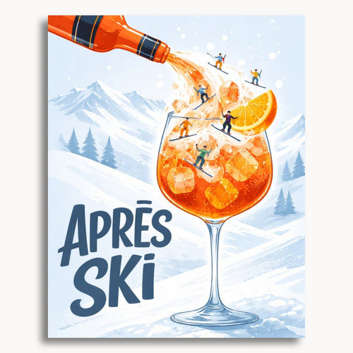 Après Ski Cocktail: an orange cocktail with miniature skiers, snowy mountains and the words Après Ski.