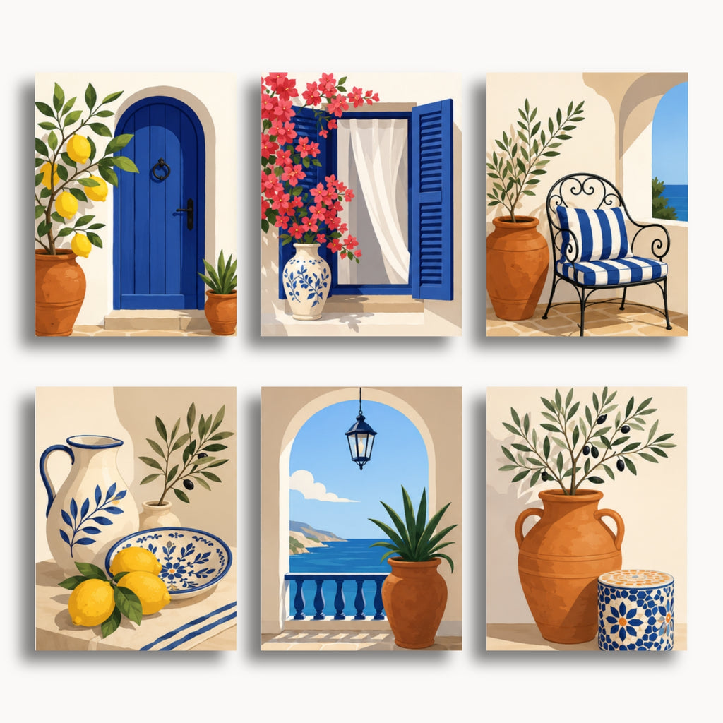 Mediterranean Villa mini paint by numbers set with six finished designs