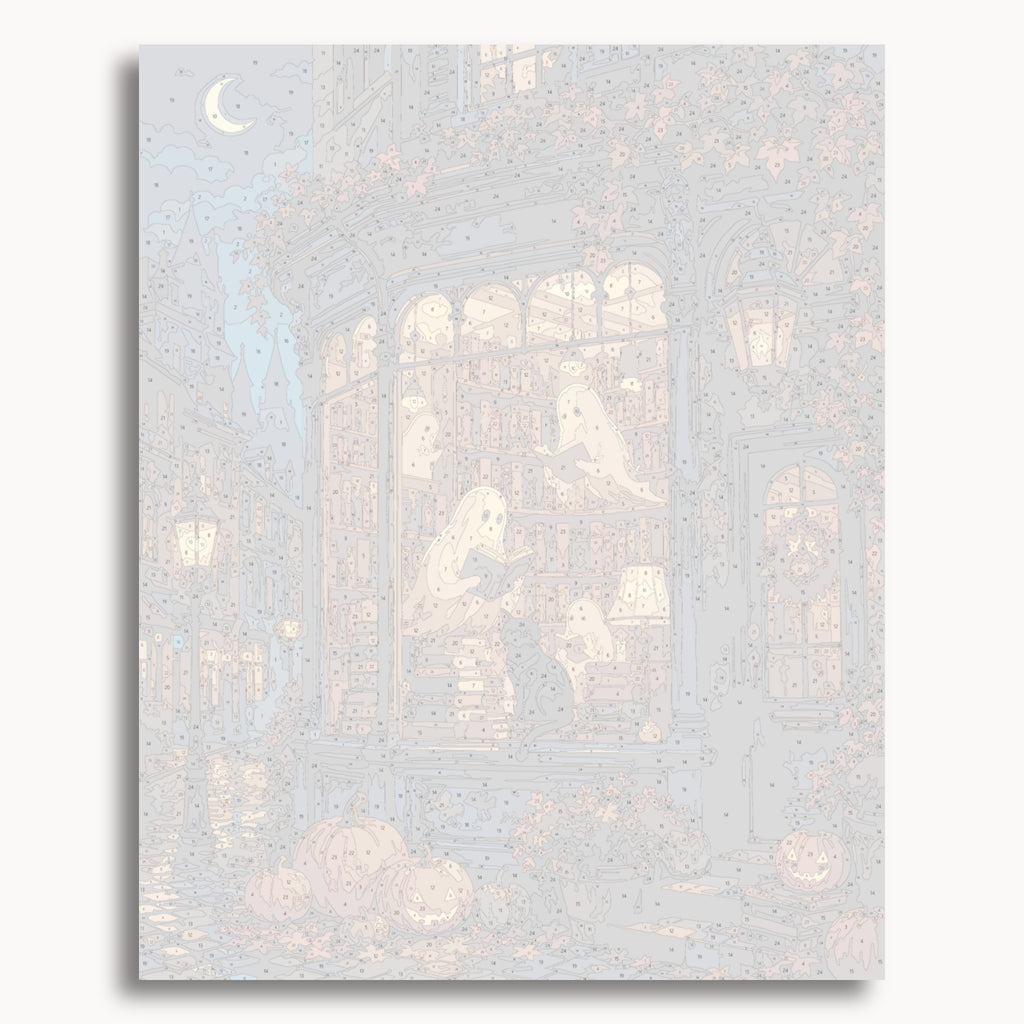 Numbered canvas preview for the Ghost Bookshop paint by numbers kit