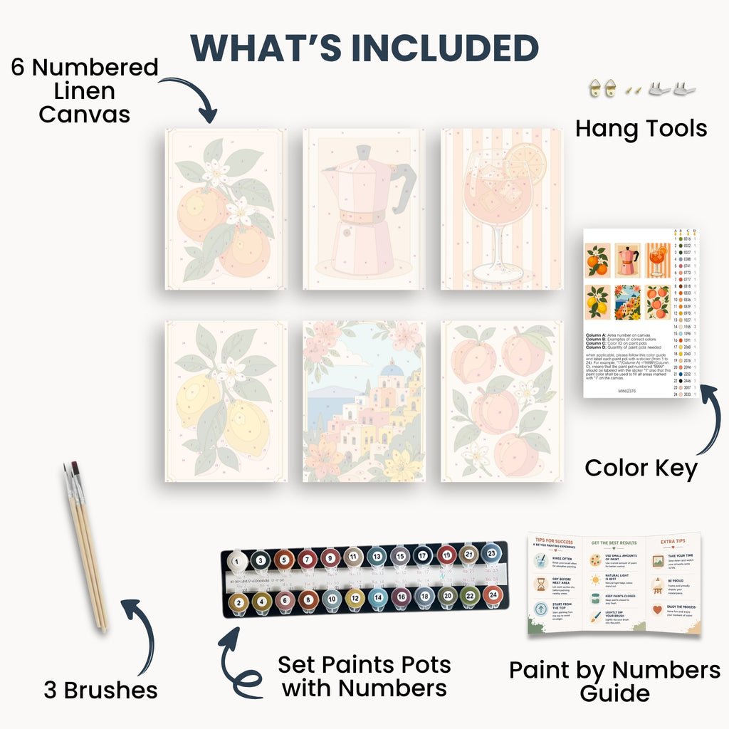 Mediterranean Delights mini kit contents with six canvases, paints, brushes and guide