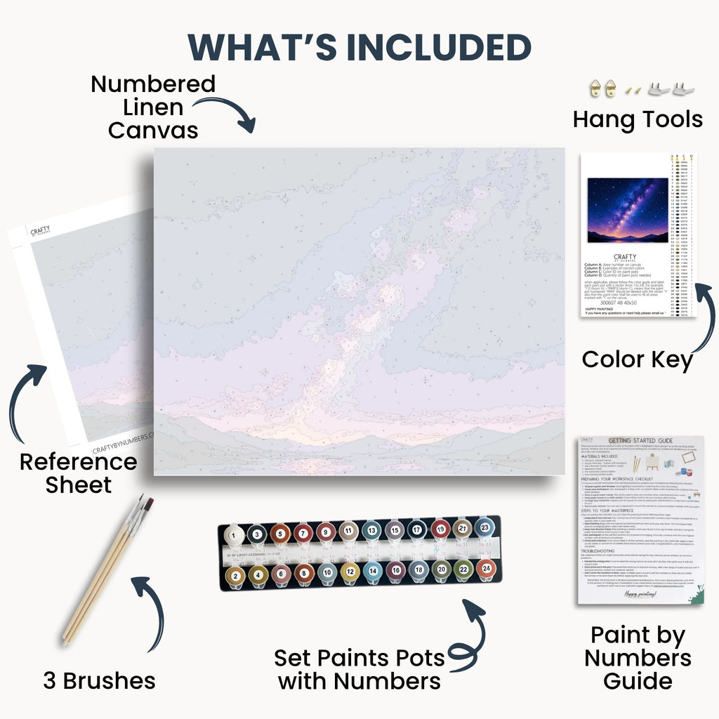 Contenido del kit Starry Sky con lienzo numerado, pinturas, pinceles y guía.