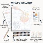 Après Ski Cocktail kit contents: numbered canvas, paints, three brushes, reference sheet, color key, painting guide and hanging hardware.