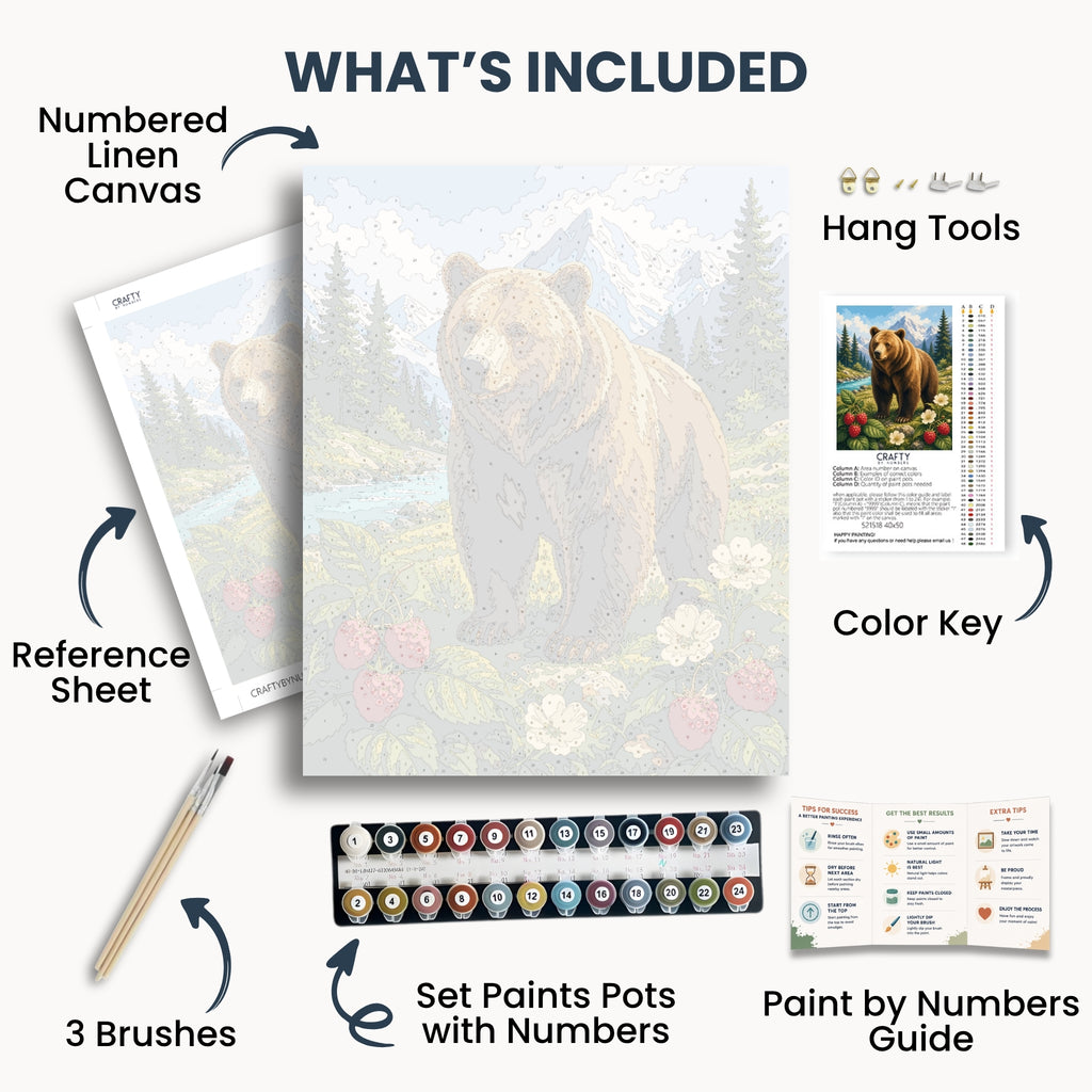 Mountain Bear kit contents with numbered canvas, paints, brushes and guide