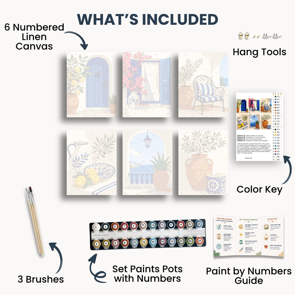 Mediterranean Villa mini kit contents with six canvases, paints, brushes and guide