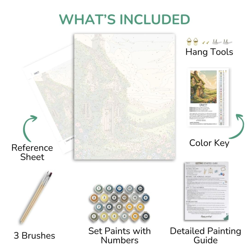 Contenu du kit Golden Meadow Cottage avec toile numérotée, peintures, pinceaux et guide