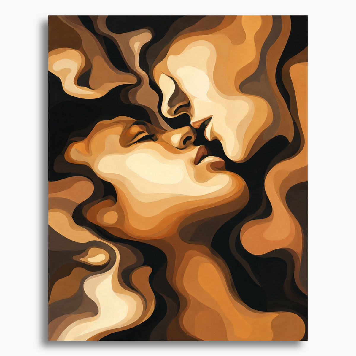 Abstract Kiss: two faces leaning into a kiss, formed from flowing black, cream and amber shapes.