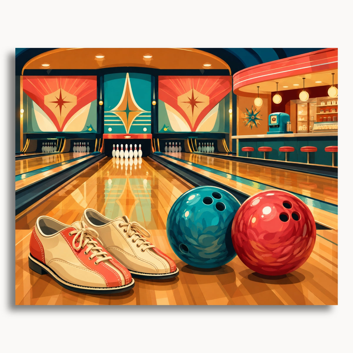 Bowling Alley: red and turquoise bowling balls and two-tone shoes beside polished bowling lanes.