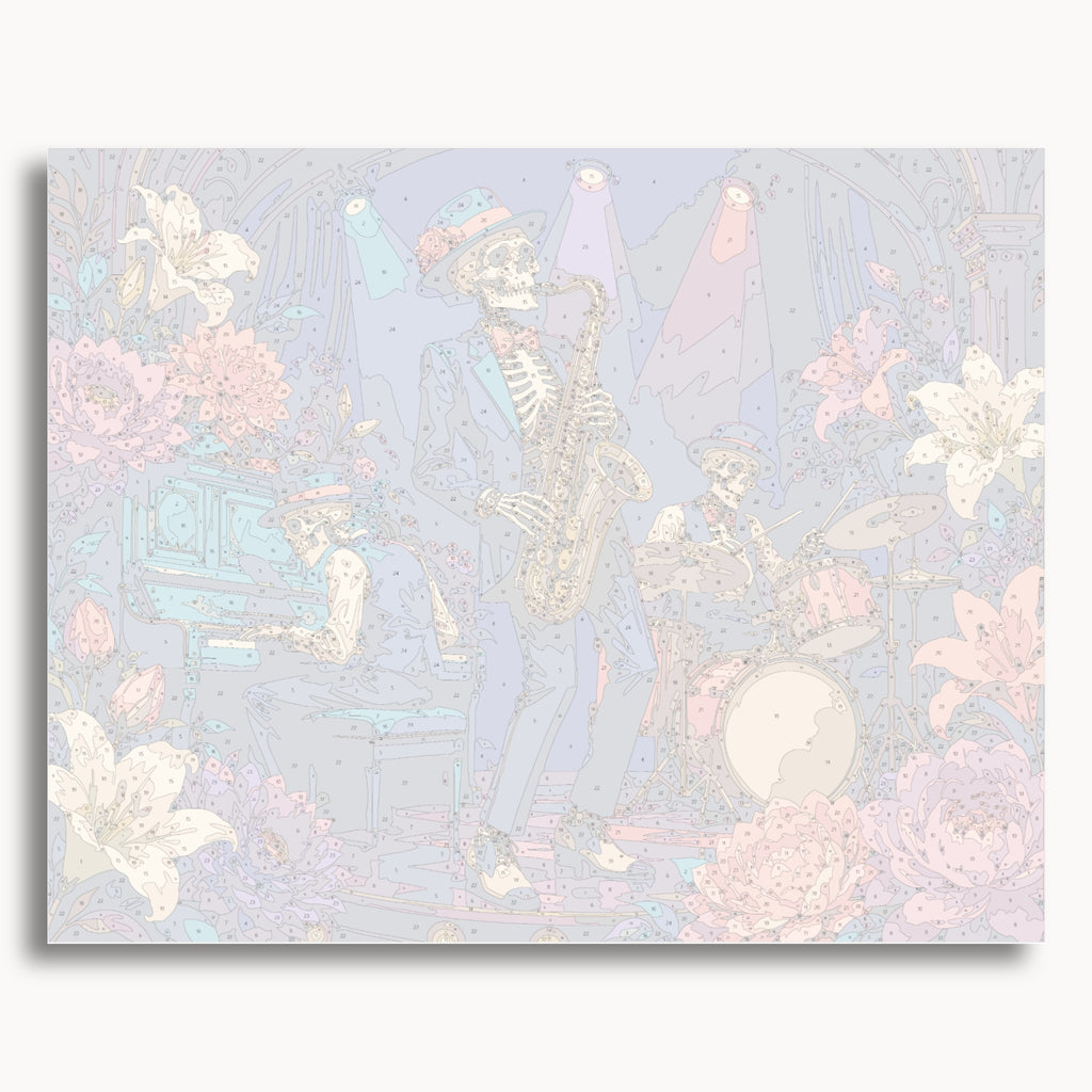 Numbered canvas preview for the Skeleton Jazz Band paint by numbers kit