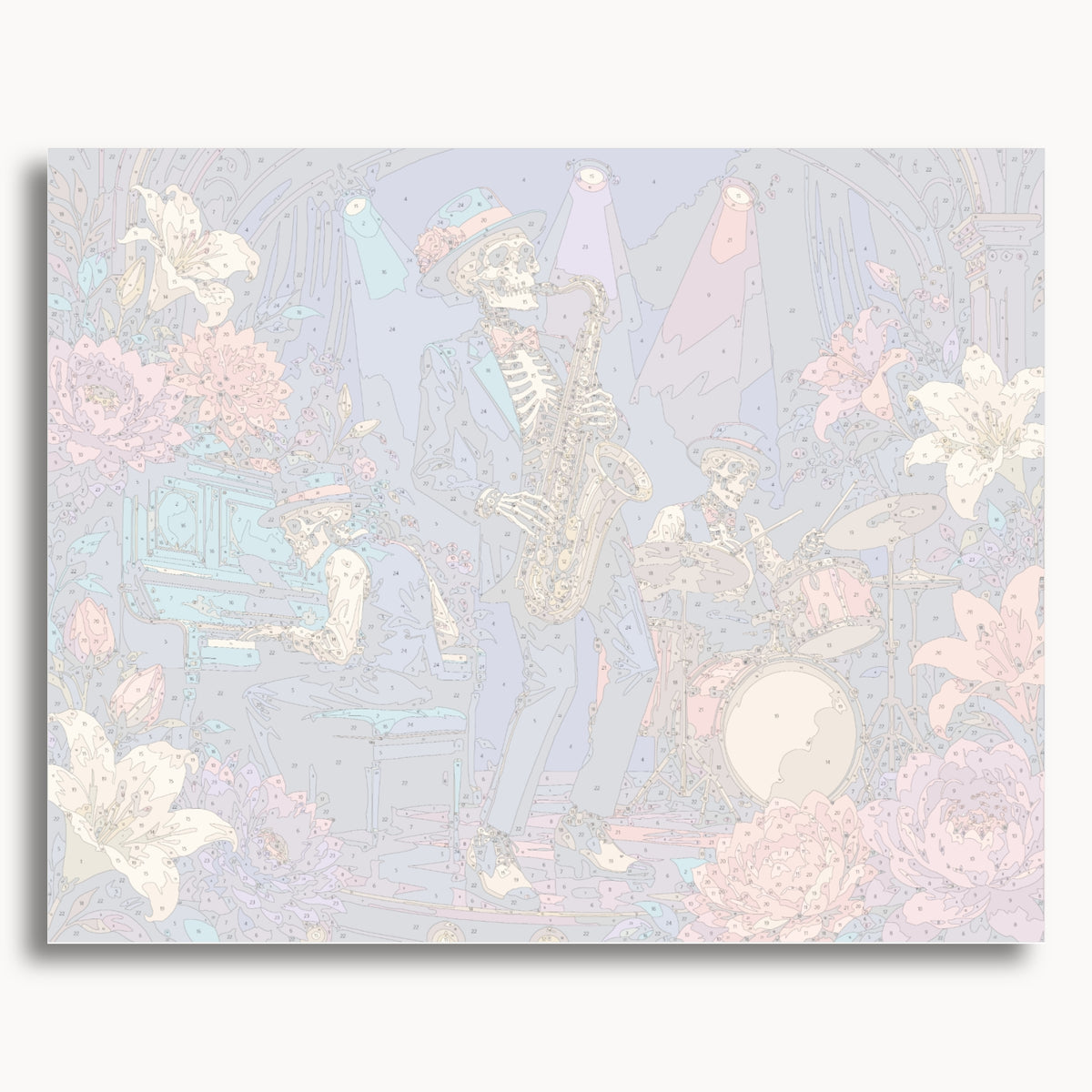 Numbered canvas preview for the Skeleton Jazz Band paint by numbers kit
