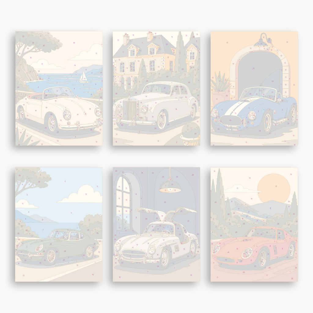 Numbered mini canvas previews for the Classic Sports Cars set