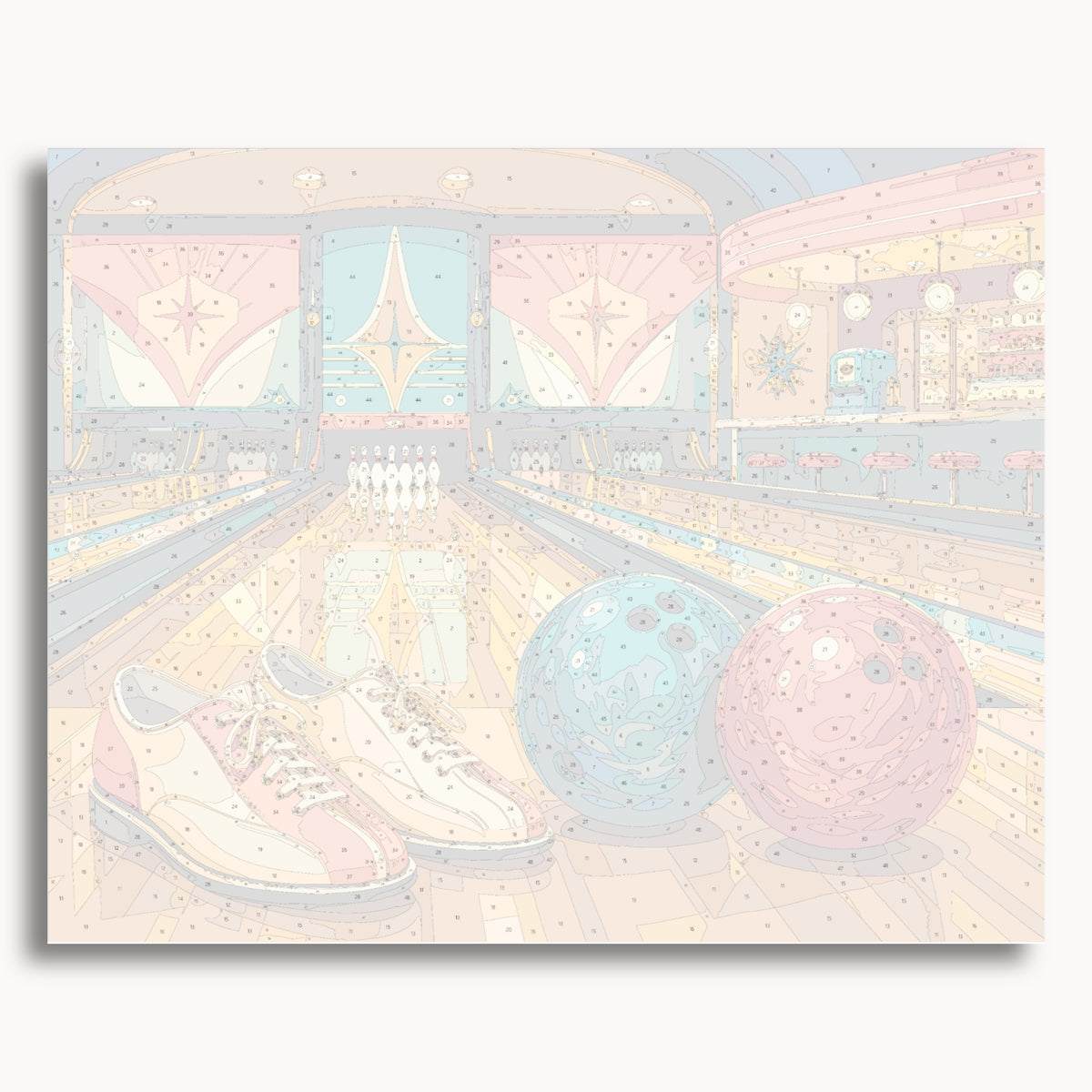Numbered canvas preview for Bowling Alley, showing outlined painting sections and color numbers.