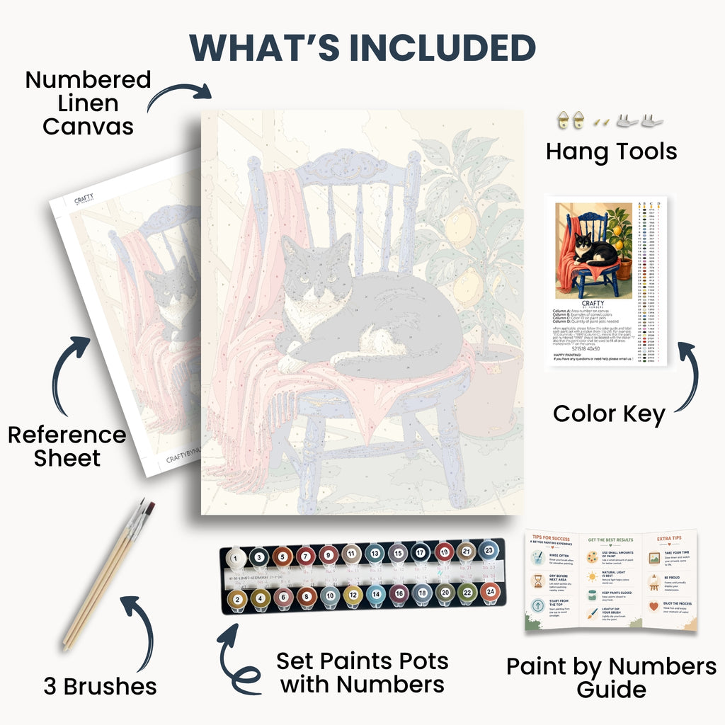 Cozy Tuxedo Cat kit contents with numbered canvas, paints, brushes and guide