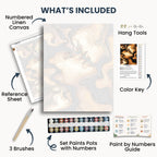 Abstract Kiss kit contents: numbered canvas, paints, three brushes, reference sheet, color key, painting guide and hanging hardware.