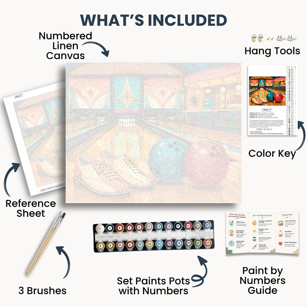 Bowling Alley kit contents: numbered canvas, paints, three brushes, reference sheet, color key, painting guide and hanging hardware.