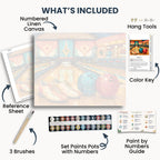 Bowling Alley kit contents: numbered canvas, paints, three brushes, reference sheet, color key, painting guide and hanging hardware.
