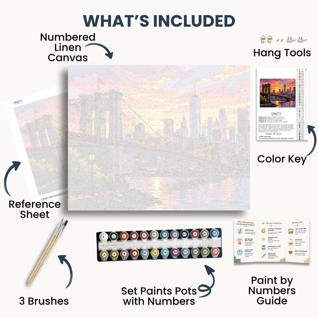Brooklyn Sunset kit contents with numbered canvas, paints, brushes and guide