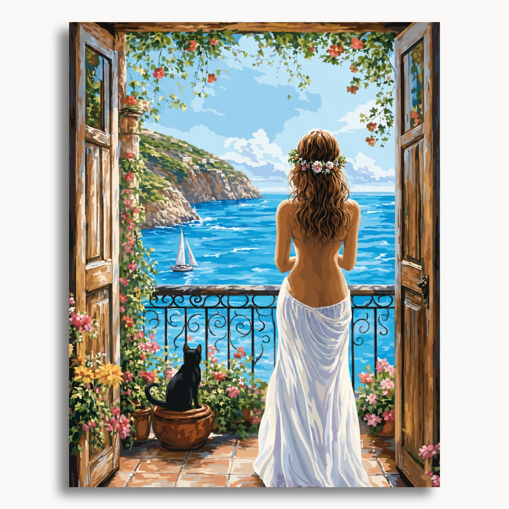 Woman at Coastal Terrace: a woman with a bare back and white draped skirt overlooking the sea from a flower-filled terrace.