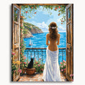 Woman at Coastal Terrace: a woman with a bare back and white draped skirt overlooking the sea from a flower-filled terrace.