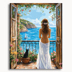 Woman at Coastal Terrace: a woman with a bare back and white draped skirt overlooking the sea from a flower-filled terrace.