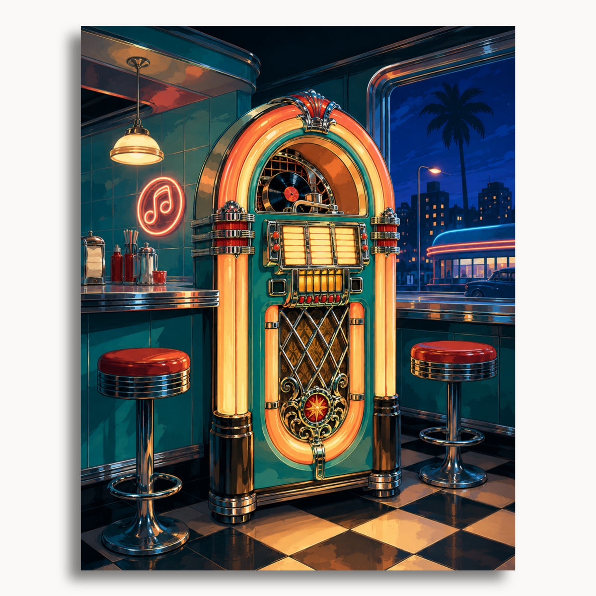 Retro Diner Jukebox: an illuminated vintage jukebox beside red diner stools and a checkerboard floor.