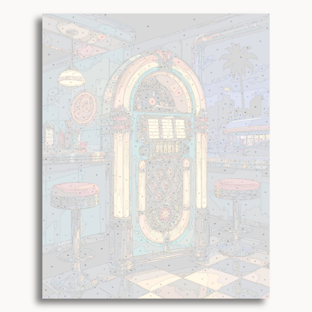 Numbered canvas preview for Retro Diner Jukebox, showing outlined painting sections and color numbers.