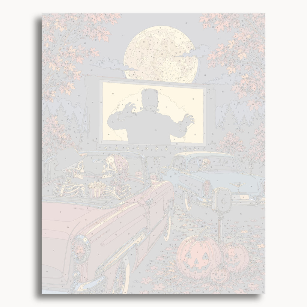 Numbered canvas preview for the Halloween Drive-In paint by numbers kit