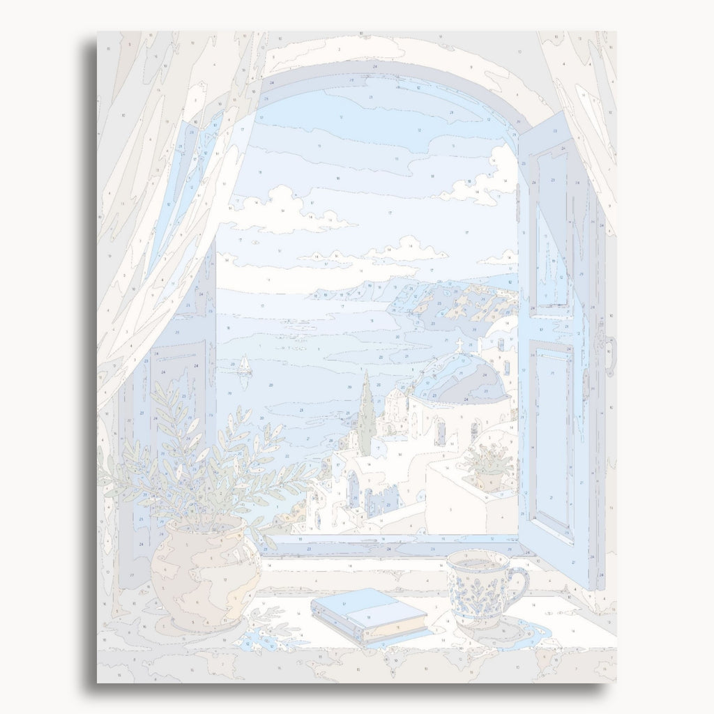Numbered canvas preview for the Santorini Window paint by numbers kit