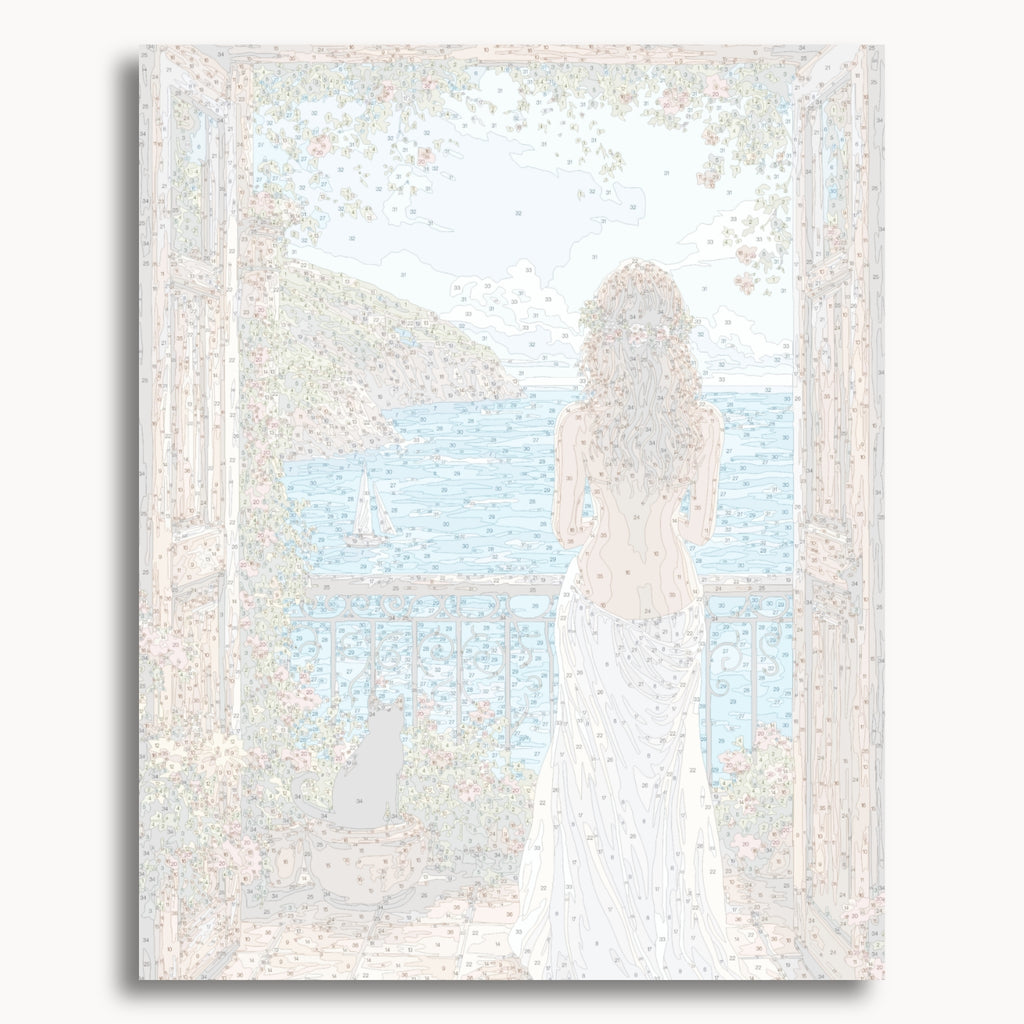Numbered canvas preview for Woman at Coastal Terrace, showing outlined painting sections and color numbers.