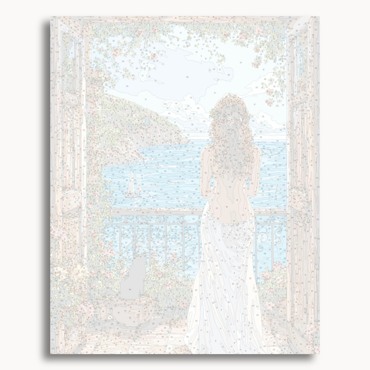 Numbered canvas preview for Woman at Coastal Terrace, showing outlined painting sections and color numbers.